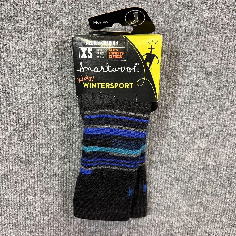 Smartwool Socks Kids XS Gray Stripe Kids Wintersport Medium Cushion Merino Wool